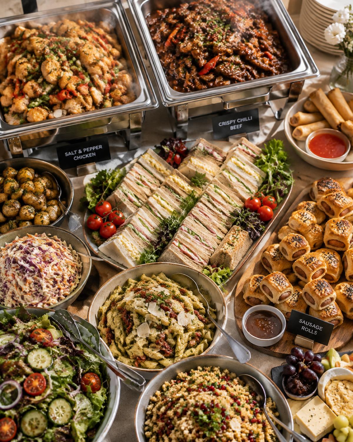A Tray Day buffet table with chafing dishes of salt and pepper chicken and crispy chilli beef alongside sandwiches, sausage rolls and salads